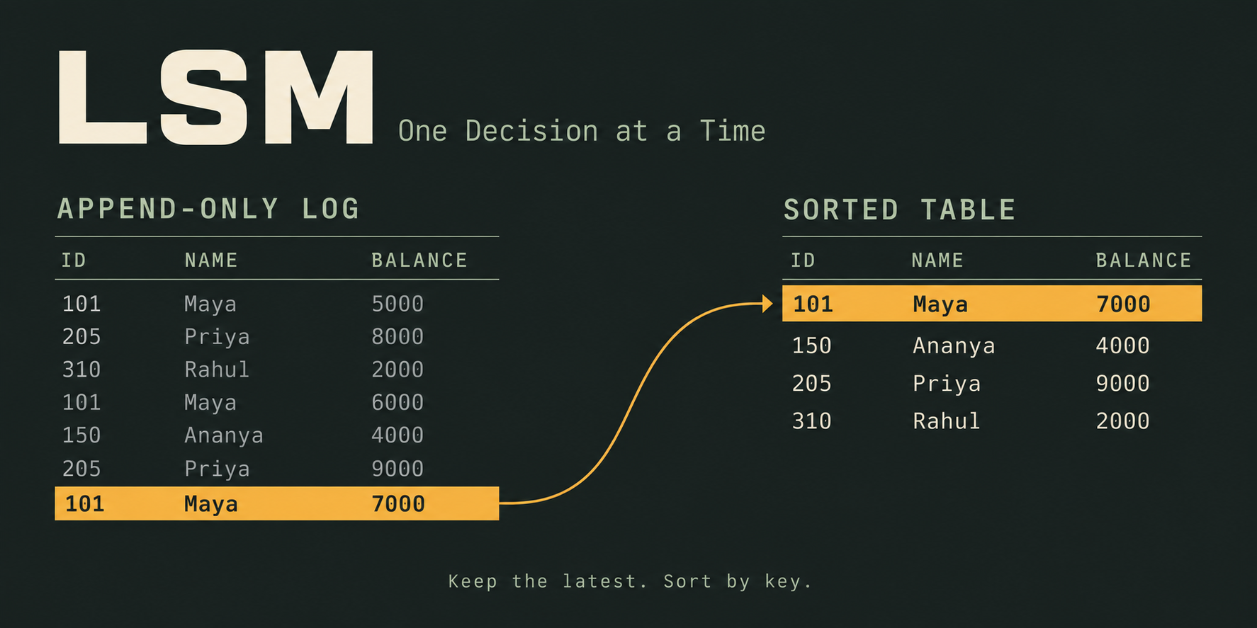 LSM: One Decision at a Time. An append-only log becomes a sorted table, keeping the latest update for each key.
